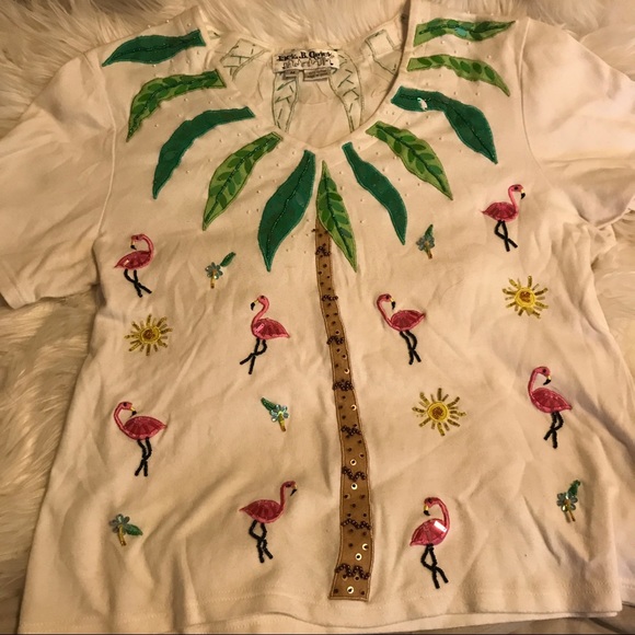 VINTAGE tropical sequin flamingo palm t shirt - Picture 2 of 5